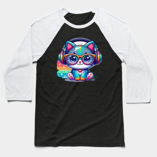 Cute Colorful Cat with glasses and headphone Baseball T-Shirt